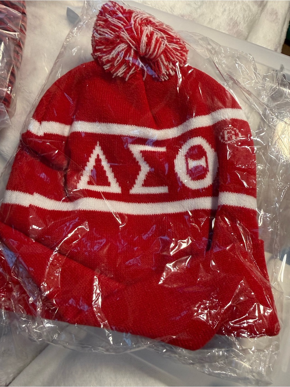 Red Pom Pom Knit Beanie Hat with White Stripe and Greek Letters